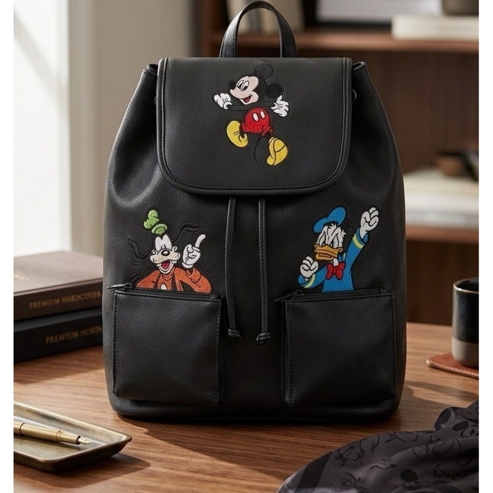 VTG Disney Faux Leather Backpack 90s Mickey Guffy Donald Embroidered Patches